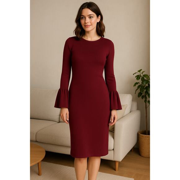 Bardot Dresses & Skirts - Bardot Arabella Sweater Dress Womens Medium Burgendy Bell Sleeve Holiday Preppy